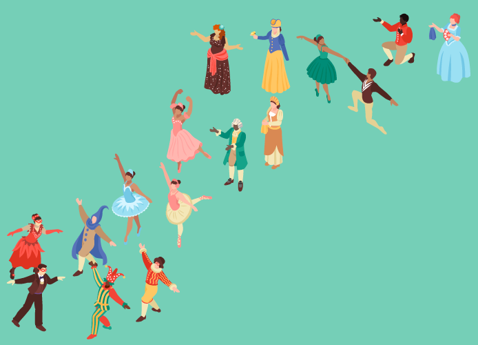 illustration of actors dancing across a flat green background