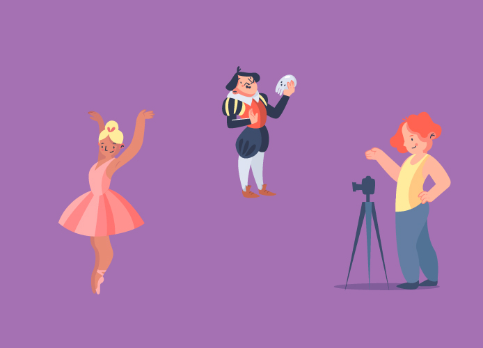 Ballerina, an actor and a photographer on a purple background - Mark Keller TQTF